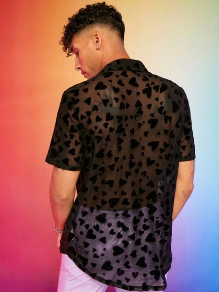 Streak hawk Men's Black Heart Love Flocked Mesh Knitted Casual Shirt